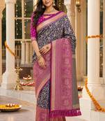 navy blue jacquard saree with silver zari weaving     elegant party wear ethnic saree