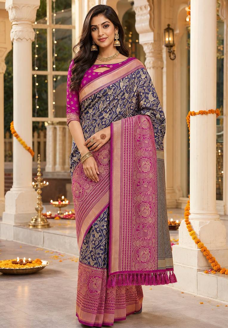 navy blue jacquard saree with silver zari weaving     elegant party wear ethnic saree