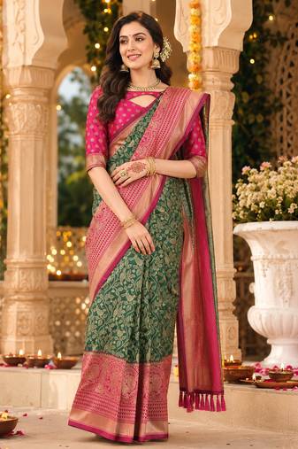 green jacquard saree with silver zari weaving     elegant party wear ethnic saree