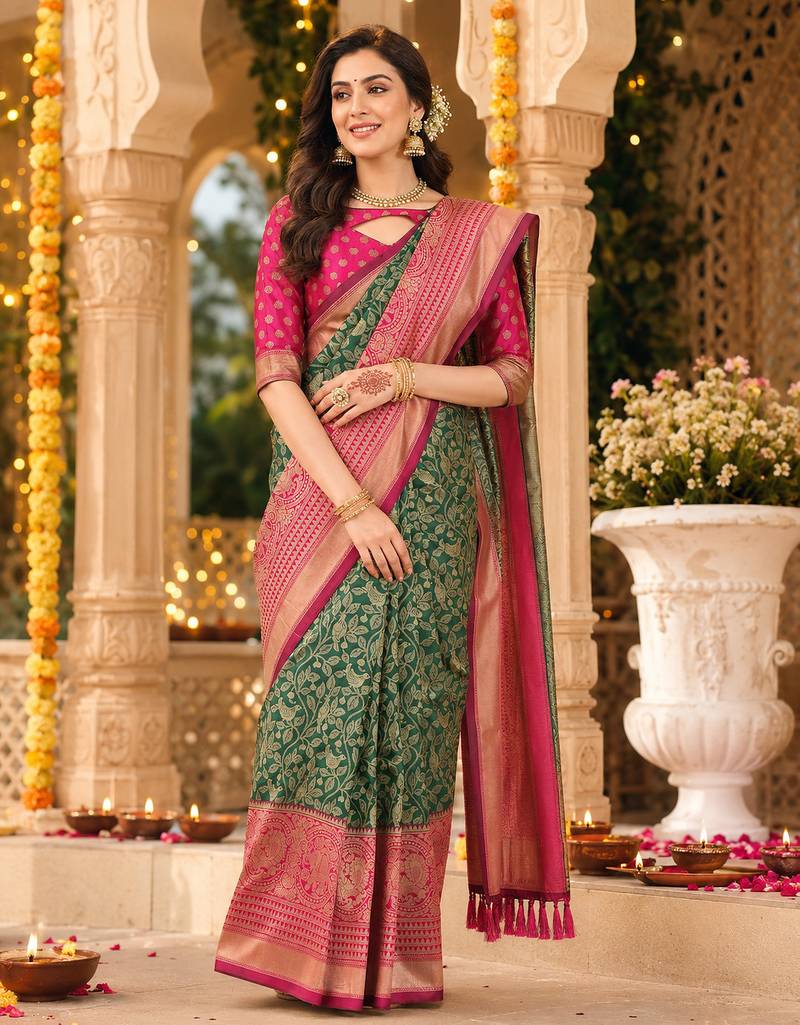 green jacquard saree with silver zari weaving     elegant party wear ethnic saree