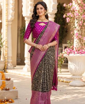 black jacquard saree with silver zari weaving     elegant party wear ethnic saree 1