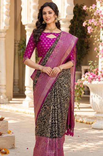 black jacquard saree with silver zari weaving     elegant party wear ethnic saree