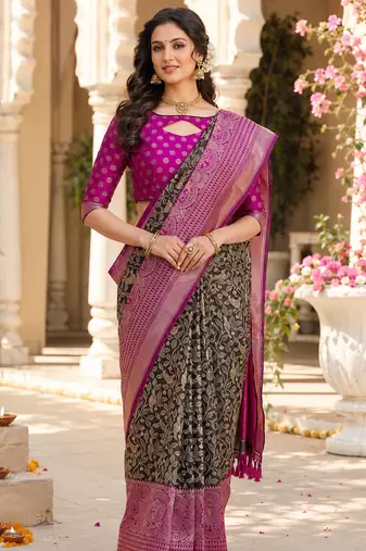black jacquard saree with silver zari weaving     elegant party wear ethnic saree