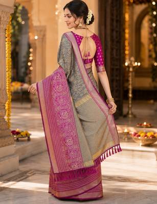 grey jacquard saree with silver zari weaving     elegant party wear ethnic saree 2
