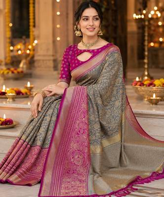 grey jacquard saree with silver zari weaving     elegant party wear ethnic saree 3