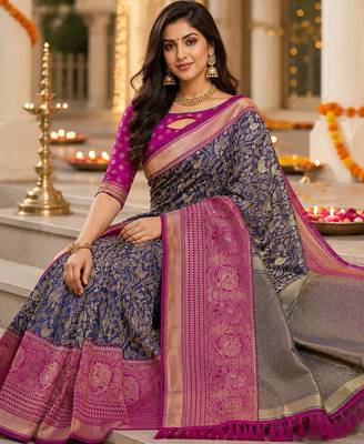 navy blue jacquard saree with silver zari weaving     elegant party wear ethnic saree 2