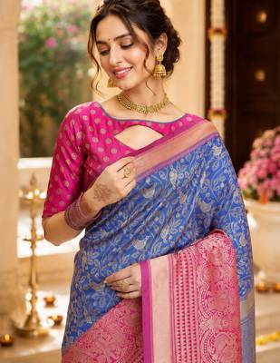 royal blue jacquard saree with silver zari weaving     elegant party wear ethnic saree 3