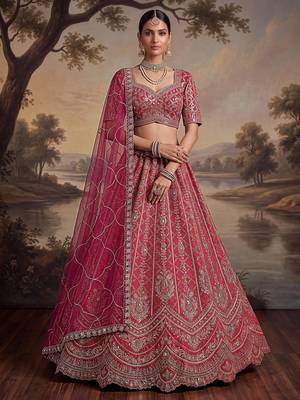 Royal Pink Khatli Work Banarasi Silk Reception Wear Lehenga With Blouse 1