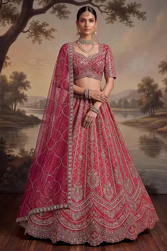 Royal Pink Khatli Work Banarasi Silk Reception Wear Lehenga With Blouse
