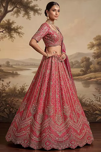 Royal Pink Khatli Work Banarasi Silk Reception Wear Lehenga With Blouse