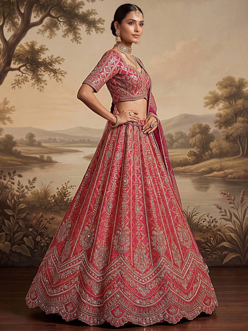 Royal Pink Khatli Work Banarasi Silk Reception Wear Lehenga With Blouse