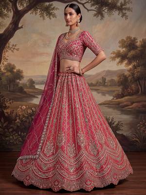 Royal Pink Khatli Work Banarasi Silk Reception Wear Lehenga With Blouse 3