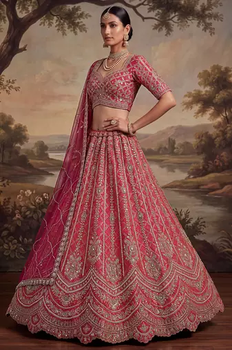 Royal Pink Khatli Work Banarasi Silk Reception Wear Lehenga With Blouse