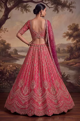 Royal Pink Khatli Work Banarasi Silk Reception Wear Lehenga With Blouse
