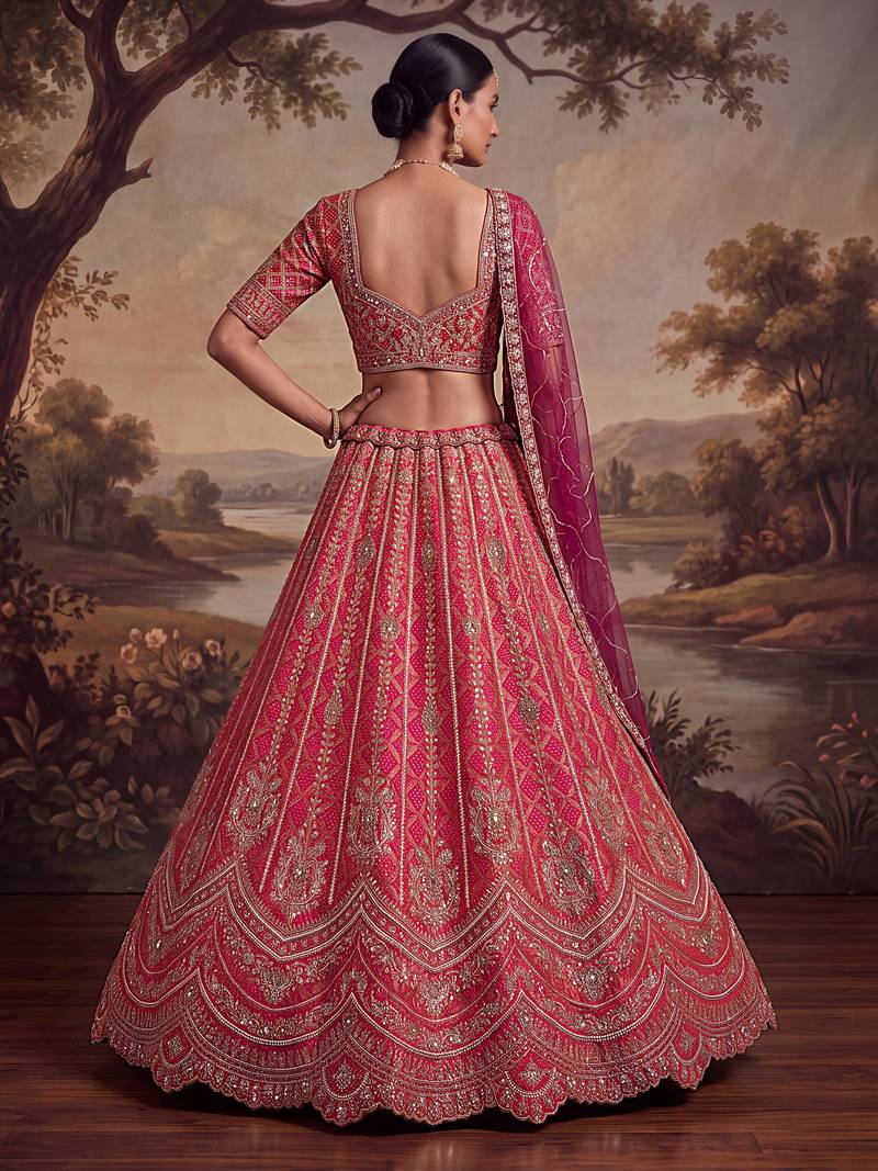Royal Pink Khatli Work Banarasi Silk Reception Wear Lehenga With Blouse