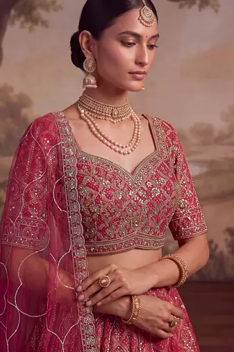 Royal Pink Khatli Work Banarasi Silk Reception Wear Lehenga With Blouse