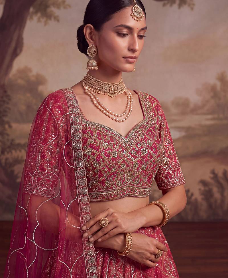 Royal Pink Khatli Work Banarasi Silk Reception Wear Lehenga With Blouse