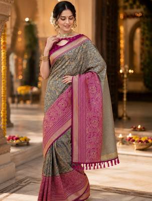 grey jacquard saree with silver zari weaving     elegant party wear ethnic saree 4