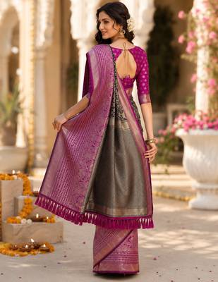 black jacquard saree with silver zari weaving     elegant party wear ethnic saree 2