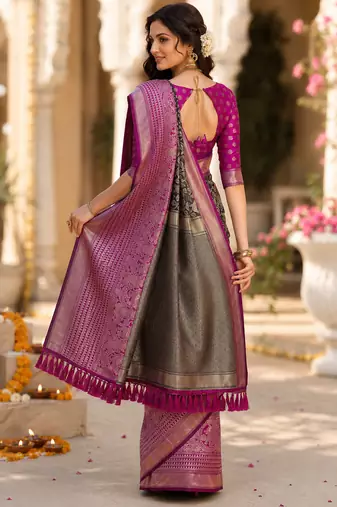 black jacquard saree with silver zari weaving     elegant party wear ethnic saree