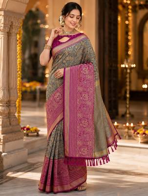 grey jacquard saree with silver zari weaving     elegant party wear ethnic saree 5