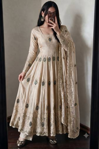 Beige silk blend embroidered anarkali kurta set with pant and dupatta