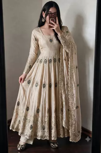 Beige silk blend embroidered anarkali kurta set with pant and dupatta