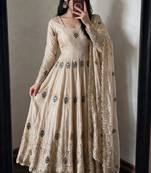 Beige silk blend embroidered anarkali kurta set with pant and dupatta