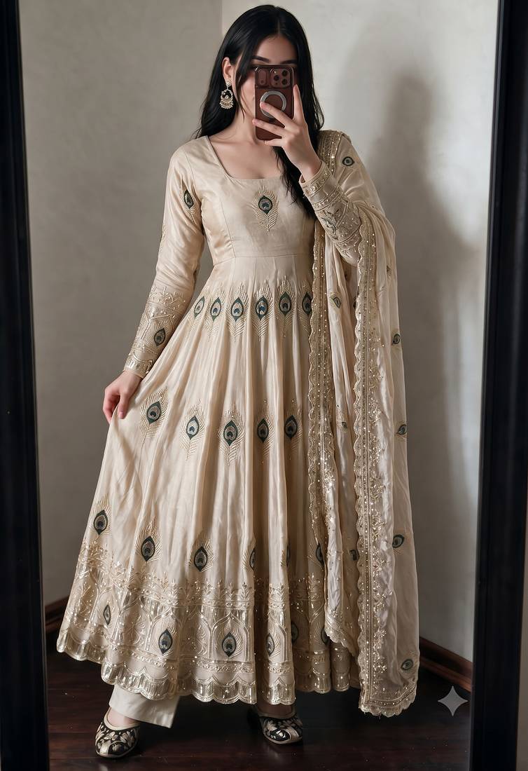 Beige silk blend embroidered anarkali kurta set with pant and dupatta