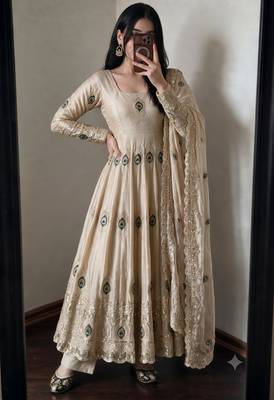 Beige silk blend embroidered anarkali kurta set with pant and dupatta 2