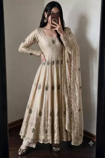 Beige silk blend embroidered anarkali kurta set with pant and dupatta