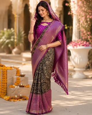 black jacquard saree with silver zari weaving     elegant party wear ethnic saree 3