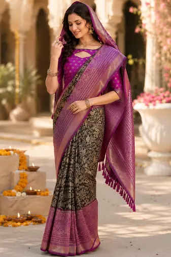 black jacquard saree with silver zari weaving     elegant party wear ethnic saree