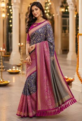 navy blue jacquard saree with silver zari weaving     elegant party wear ethnic saree 4