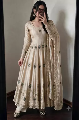 Beige silk blend embroidered anarkali kurta set with pant and dupatta
