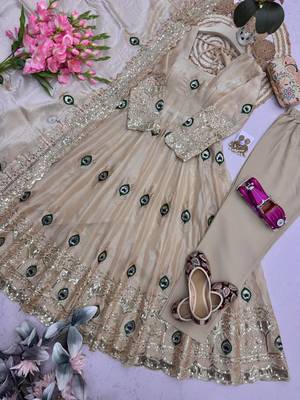 Beige silk blend embroidered anarkali kurta set with pant and dupatta 4