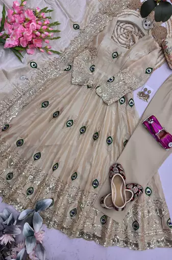 Beige silk blend embroidered anarkali kurta set with pant and dupatta