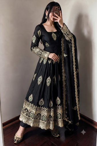 Black silk blend embroidered anarkali kurta set with pant and dupatta