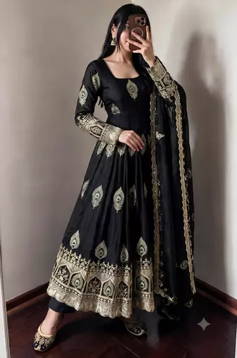 Black silk blend embroidered anarkali kurta set with pant and dupatta