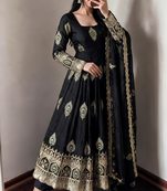 Black silk blend embroidered anarkali kurta set with pant and dupatta
