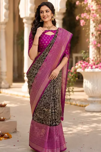 black jacquard saree with silver zari weaving     elegant party wear ethnic saree