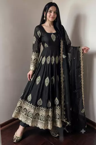 Black silk blend embroidered anarkali kurta set with pant and dupatta