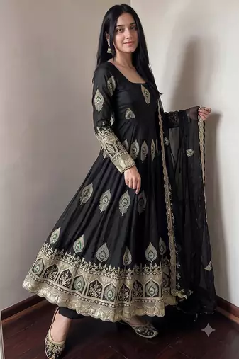 Black silk blend embroidered anarkali kurta set with pant and dupatta