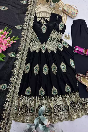 Black silk blend embroidered anarkali kurta set with pant and dupatta