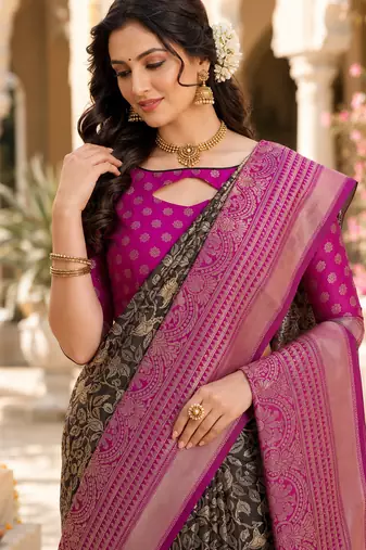 black jacquard saree with silver zari weaving     elegant party wear ethnic saree