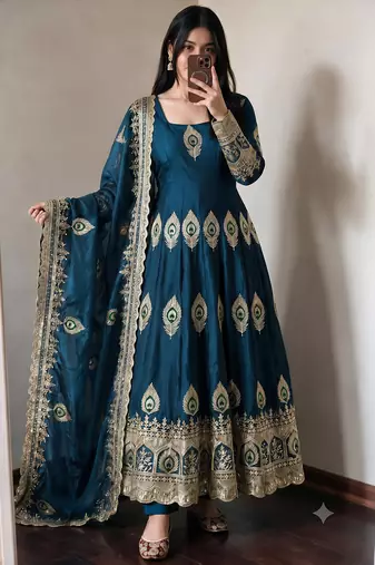 Blue silk blend embroidered anarkali kurta set with pant and dupatta