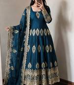Blue silk blend embroidered anarkali kurta set with pant and dupatta