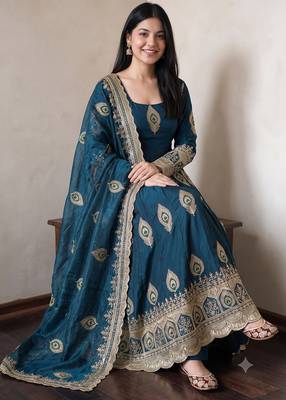 Blue silk blend embroidered anarkali kurta set with pant and dupatta 2