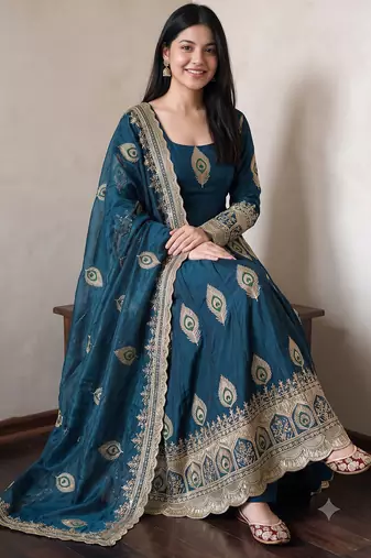 Blue silk blend embroidered anarkali kurta set with pant and dupatta