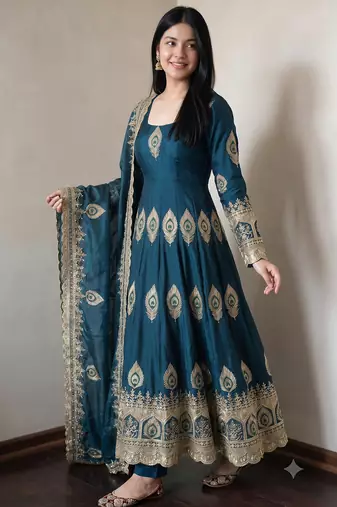 Blue silk blend embroidered anarkali kurta set with pant and dupatta
